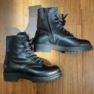 Thursday Boot Company Black Leather Lug-Sole Combat Boots with Side Zip